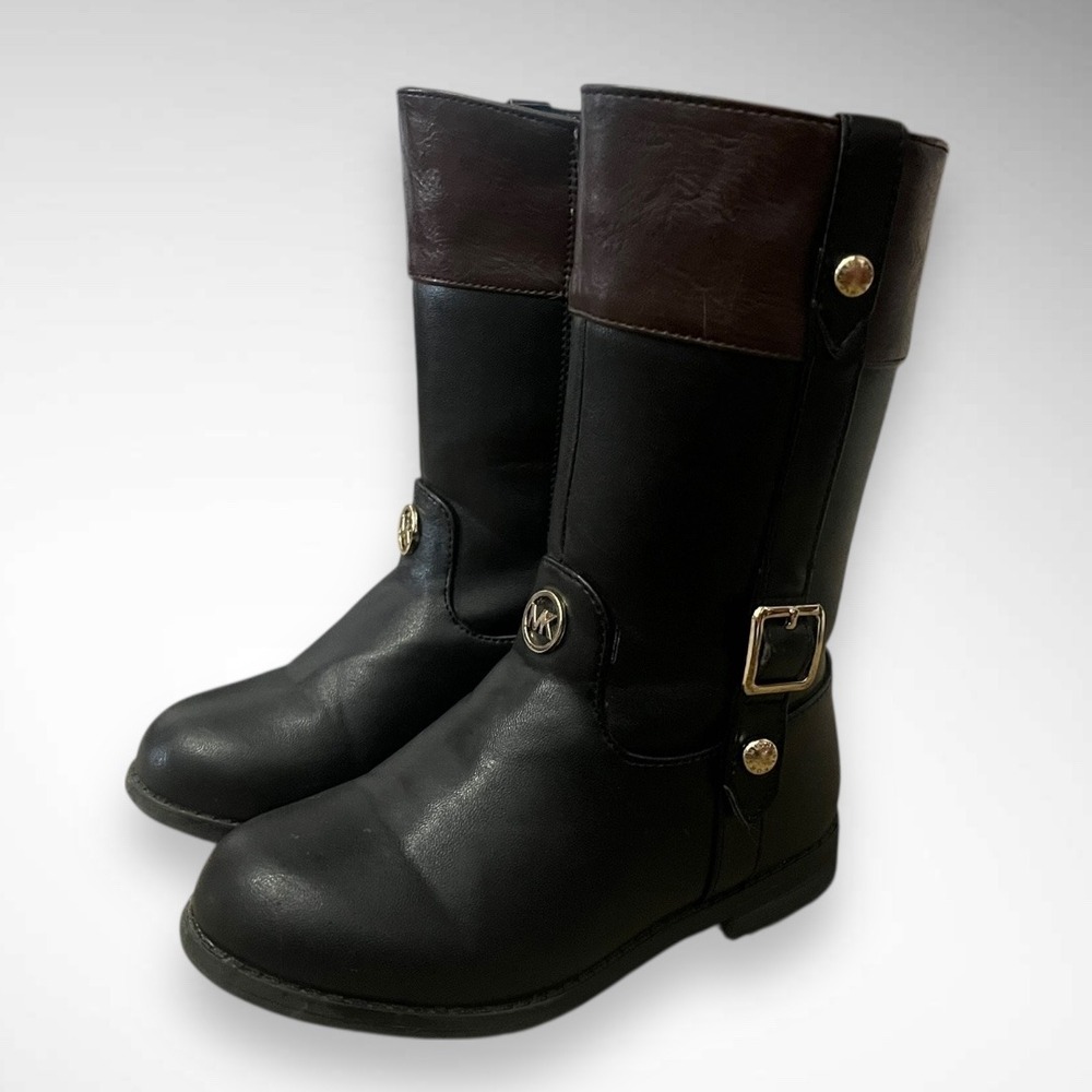 MICHAEL KORS Girl's Black and Brown‎ Flat Riding Boots Gold-Tone Hardware | EUC